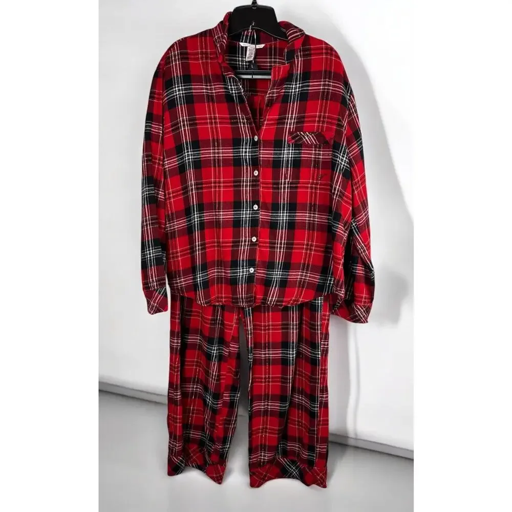 Victoria's Secret Shimmer Flannel Long Sleeve Shirt Pants Plaid Pajama Set Large - Picture 2 of 16